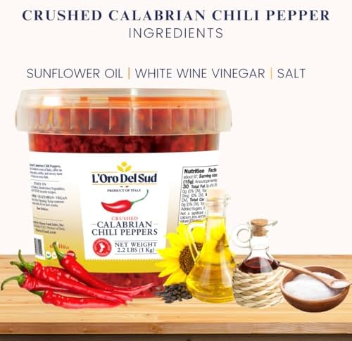 Crushed Calabrian Chili Peppers Paste, 2.2 lb (1 kg) Spread, Chopped, Grown and Packed in Calabria Italy, Authentic Italian, Spicy and Savory Taste, L'Oro Del Sud