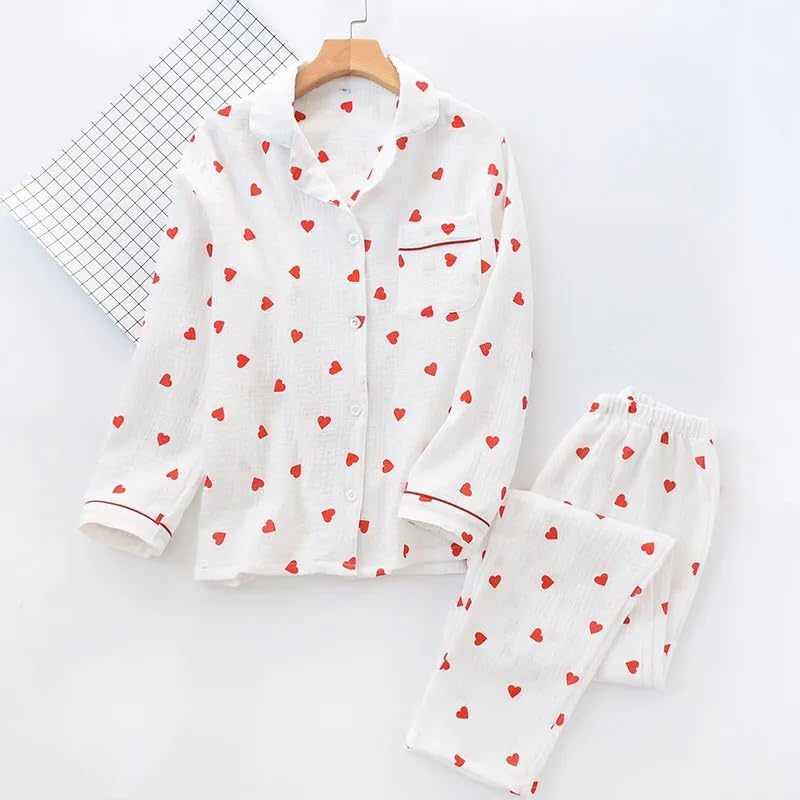 REHJJDFD Women's Printed Cotton Pajamas Set Gauze Turn-Down Collar Long-Sleeve Trousers Household Wear