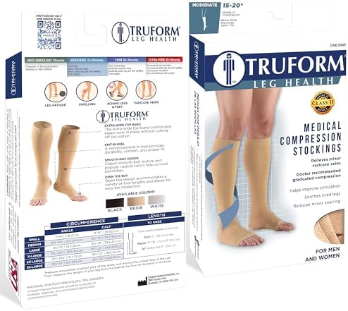 Truform 15-20 mmHg Compression Stockings for Men and Women, Knee High Length, Open Toe, Beige, Large