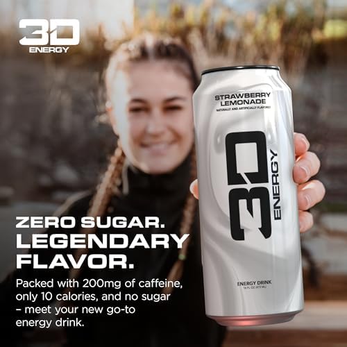 3D Energy Drink – Sugar Free, 200mg Caffeine, Pre Workout, Taurine, L-Carnitine, Lightly Carbonated, 16oz Cans, 12 Pack - Strawberry Lemonade