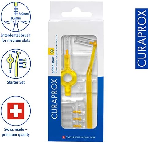 Curaprox CPS 09 Prime Start Interdental Brushes Set, 5 Interdental Brushes CPS 09 + 1 UHS 409 Holder + 1 UHS 470 Holder, 0.9 mm Diameter, 4 mm Effectiveness, Yellow
