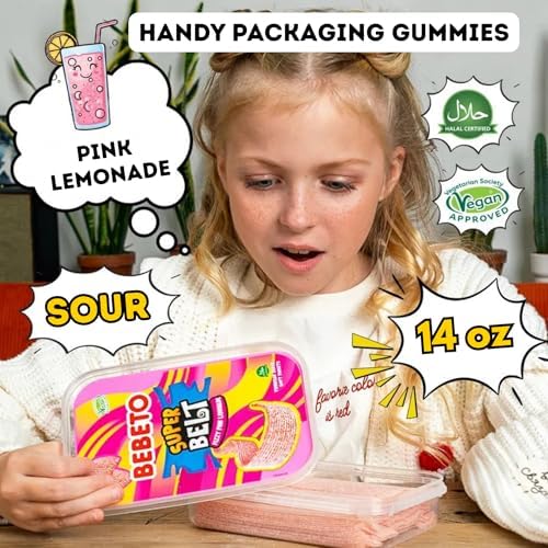 Bebeto Sour Candy Belts – Fizzy Pink Lemonade Flavor, Sugar-Coated Ribbon Candy, Vegan Soft Chewy Candy, 14 oz (400g), by Kervan