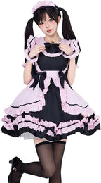 5pcs Pink Black Maid Outfit Set Bow Maid Princess Dress Lolita Dress Anime Cosplay Costume for Women