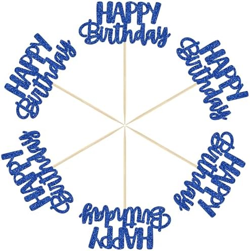 Gyufise 24Pcs Happy Birthday Cupcake Toppers Glitter Cupcake Food Picks for Celebrating Happy Birthday Theme Party Cake Decorations Supplies Deep Blue