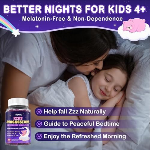 Magnesium Glycinate Gummies for Kids 4+: Sugar Free Magnesium Bisglycinate Gummy with Chamomile, L-Theanine, Lemon Balm, B6, Omega 3, Zinc - Gluten Free, Non-GMO, Vegan, Mixed Berry Flavor