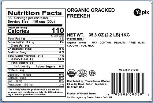 Yupik Organic Cracked Freekeh, 2.2 lb, Non-GMO, Vegan, Ancient Whole Grain, Source of Protein & Fiber, Nutty Chewy Texture