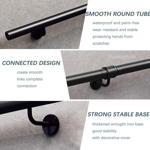 Staircase Handrails｜30cm-600cm Wall Mount Non-Slip Support Rod｜Industrial Outside Hand Rails Metal Banister Corridor Round Pipe Safety Grab Rail, Easy to Install(3.3 FT)