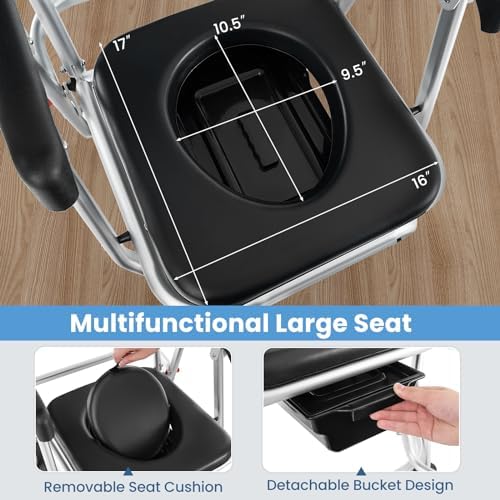Giantex Bedside Commode Wheelchair for Toilet - Foldable Shower Chair with Arms, Lockable Casters, Detachable Bucket, Transport Wheelchair, Rolling Bath Chair, Shower Seats for Elderly, Handicap