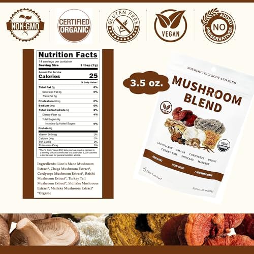 Cherie Sweet Heart 7 Mushroom Extract Powder – USDA Organic Superfood Blend with Lion's Mane, Reishi, Cordyceps, Maitake, Shiitake, Turkey Tail & Chaga – Vegan, Non-GMO, Gluten-Free – 3.5 oz
