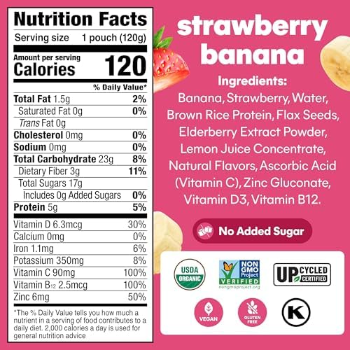 Noka Organic Superfood Fruit Smoothie Pouches, Strawberry Banana with Immune Support, Healthy Snacks with Elderberry, Vitamin C, Flax Seed and Plant Protein, Gluten Free, Vegan, 4.22 oz (12 Pack)