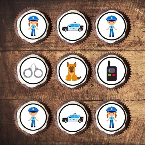 24 Police Officer Sheriff Theme Emergency Services Edible Cupcake Toppers - Stand Up Discs Wafer Cake Decorations, Emergency Services Police Birthday Party Decorations, 4cm / 1.5 inch UNCUT