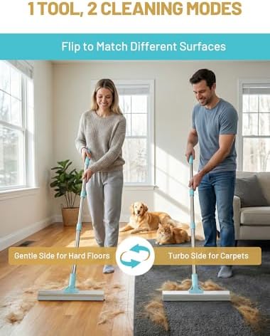 Carpet Rake for Pet Hair Removal: DELOMO Carpet Broom Scraper with 54” Adjustable Long Handle, Dual-Sided, Metal + Short Silicone for Carpets & Rugs, Extended Silicone for Shag Rugs & Hard Floors