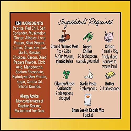 Shan Seekh Kabab Recipe and Seasoning Mix 1.76 oz (50g) - Spice Powder for Exclusive Traditional BBQ Blends - Suitable for Vegetarians - Airtight Bag in a Box (Pack of 3)