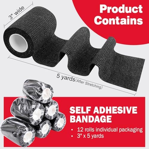 AZEN 12 Pack Black Self Adhesive Bandage Wrap, 3" X 5 Yards Elastic Cohesive Bandage Wrap, Vet Wrap, Ankle Tape, Tattoo Grip Tape Wrap