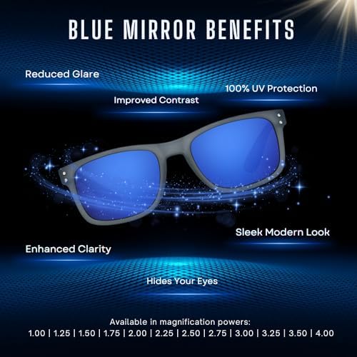 proSPORT Reader Sunglasses Blue Mirror Lenses Full Magnification Outdoor Horn Rim Golf Driving No Bifocal Line +100 to +400