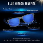 proSPORT Reader Sunglasses Blue Mirror Lenses Full Magnification Outdoor Horn Rim Golf Driving No Bifocal Line +100 to +400