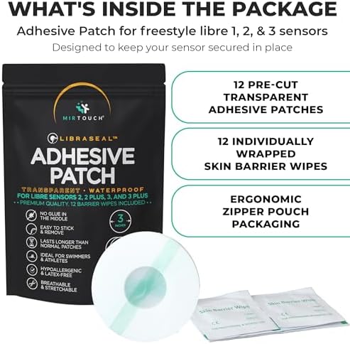 MirTouch Transparent Waterproof CGM Sensor Patches for Freestyle Libre 1, 2, 3 & Plus - No Glue in Center - 12 Adhesive Patches Plus 12 Skin Prep Wipes - Hypoallergenic Glucose Monitor Patch Set