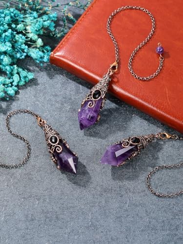 PESOENTH Amethyst Crystal Pendulum Dowsing Divination Scrying Pendulum with Bronze Wrap Healing Stone Gemstone Quartz Point Pendant Spiritual Crystal Gifts for Women Men