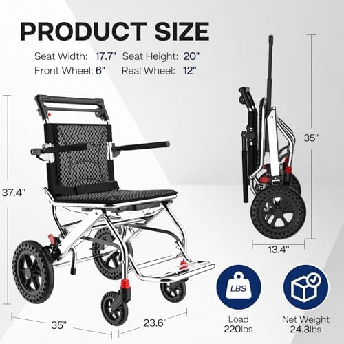 Aluminum Lightweight Foldable Transport Wheelchair with Collapsible Stand, 12" Rear Wheels & Breathable Seat Folding, Portable, Wheelchair for Adults, 18-Inch Wide Seat