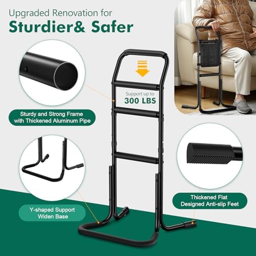 Stand Assist Aid for Elderly - Adjustable Mobility Aids with Sturdy Widened Base& Flat Anti-Slip Feet for Chair, Couch, Toilet, Portable Stand Up Grab Bar with Foam Padded Handles& Storage Pocket