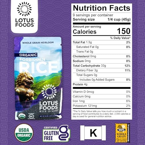 Lotus Foods Bulk Organic Forbidden Rice - Black Rice Organic, Purple Rice, Black Rice Bulk, Gluten Free Heirloom Rice, Whole Grain, Non GMO, Vegan - 15 Oz Bags (Pack of 6)