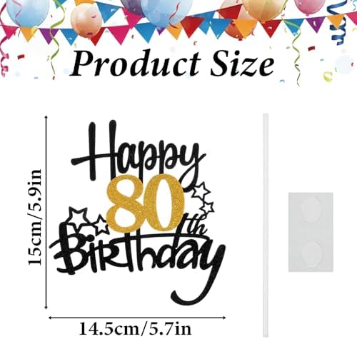 Happy 80th Birthday Cake Topper, Glitter Cheers to 80 Years Cake Topper, Fabulous Cake-Decoration for Happy 80th Birthday, Anniversary Party Cakes Decorations Supplies (Black, Gold)