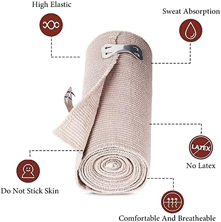 Elastic Bandage Wrap with Clips Fasteners Adhesive Bandaging Stretch Tape Rolls for First Aid Measures Outdoor Sports 4Inch x 15Ft