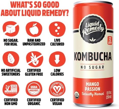 Liquid Remedy Kombucha Sugar Free Organic Drink, Low Calorie, Probiotic Like Tea for Gut Health - Mango Passion - 8.5 Fl Oz Can, 24-Pack