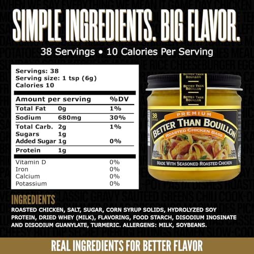Better Than Bouillon Premium Roasted Chicken Base, Made with Seasoned Roasted Chicken, 38 Servings, Blendable Base for Added Flavor, 8-Ounce Jar (Pack of 1)