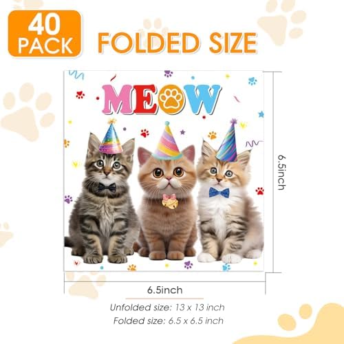 Cat Birthday Decorations, 40Pcs Cat Napkins 2-lay Disposable Paper Party Napkins for Baby Show Kids Birthday Pet Kitten Theme Birthday Party Supplies 6.5x6.5 inches