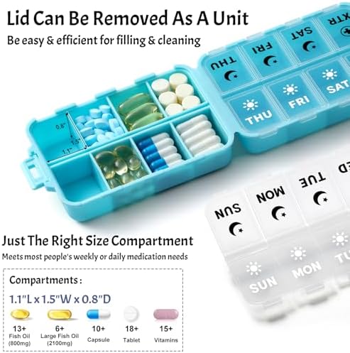Foldable Weekly Pill Organizer 2 Times a Day with 2 Extra Compartments (Clear Printed Labels) - Portable 7 Day AM PM Medicine Box, Week Daily Travel Pill Case Holder for Vitamin, Supplement - Sky Blue