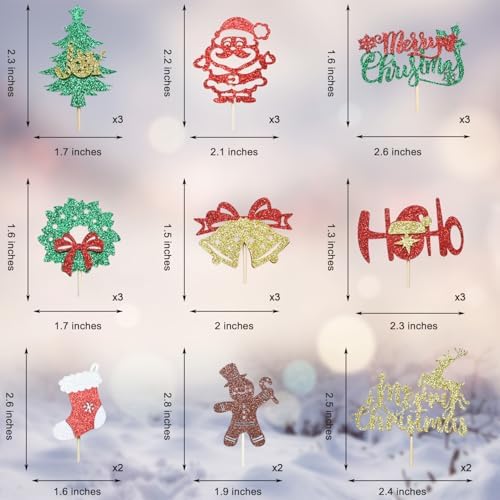 24 Pcs Christmas Cupcake Toppers, 8 Designs Holiday Cake Decor Picks with Santa Snowman Reindeer Tree for Party Dessert Baking Decorations