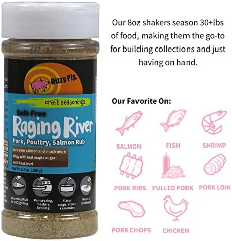 Dizzy Pig Salt-Free Raging River Salmon Seasoning Rub (8oz Shaker) - Seasons 30+lbs of Food - Hand Made in the USA - MSG Free, Gluten Free