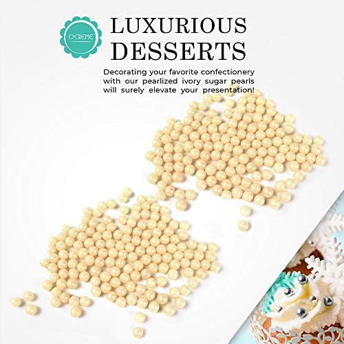 O'Creme Ivory Edible Sugar Pearls Cake Decorating Supplies for Bakers: Cookie, Cupcake & Icing Toppings, Beads Sprinkles For Baking, Certified, Candy Sugar Ball Accents (6mm, 8 Oz)