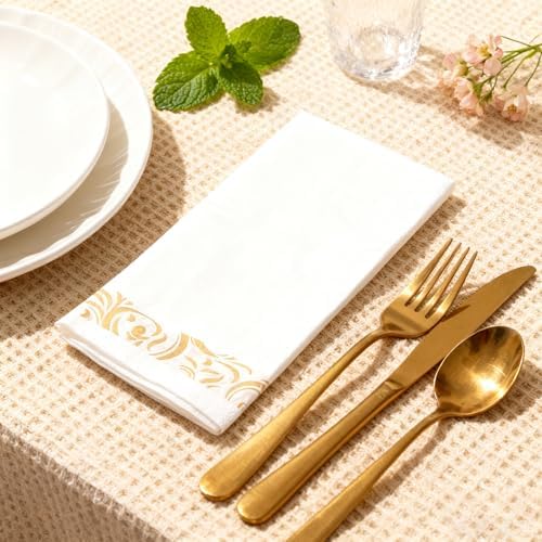 Paper Napkins Disposable Decorative Paper Hand Towels for Bathroom Dinner Napkins Soft Absorbent Bathroom Napkins Guest for Wedding Kitchen Party Birthday Thanksgiving Events,Gold and White,100 Pack