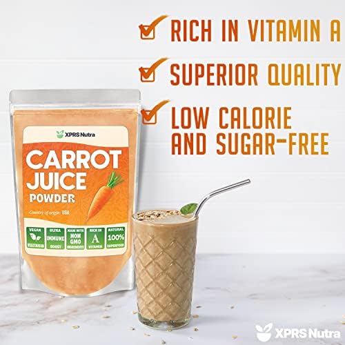 XPRS Nutra 100% Natural Carrot Juice Powder - Pure Carrot Powder from The USA - Ideal for Juice and Smoothie - High in Vitamin A, Phytonutrients and Antioxidants - Non-GMO (16 oz)