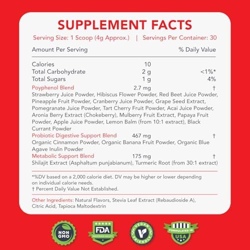 KaraMD Revive Reds | Delicious Energy Boosting Concentrated Polyphenol Blend | Vegan Friendly, Gluten Free & Non-GMO Superfood Powder | Antioxidant Powder Containing Shilajit & Enzymes (30 Servings)