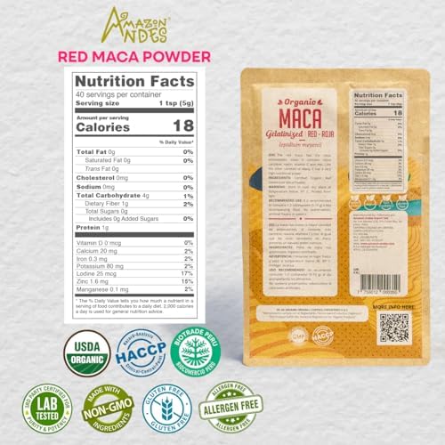 Amazon Andes Organic Red Maca Root Powder 8oz 227g - Maca Roja from Junin Peru - Gelatinized Starch-Free - USDA Organic Lepidium Meyenii - Raw Peruvian Superfood Andes Non-GMO Vegan