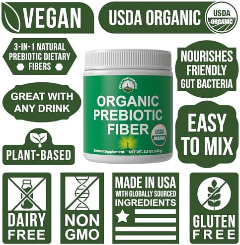 USDA Organic Prebiotic Fiber 3-in-1 Vegan Powder for Gut Health - Raw Whole Food Plant Based Prebiotics Digestive Supplement with Inulin (Jerusalem Artichoke), Acacia Fibers, SunFiber 240g