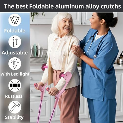 Forearm Crutches for Adults Foldable Knee Patients Mobility aids for Childre and Seniors for with Leg Injury Adjustable Travel Lightweight Walking Stick (Pink Pro)
