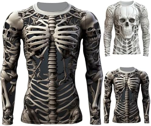 Mens Skeleton Shirt Long Sleeve Funny Skull Rib Cage 3D Print T Shirts Trendy Crew Neck Tshirt Holiday Party Outfits