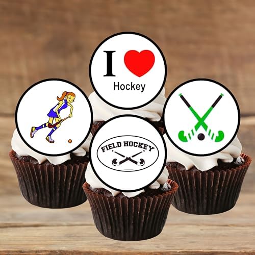 PRECUT Hockey Cupcake Toppers, Sports Theme Edible Cake Decorations, Hockey Party Decorations, Field Sports Edible Cupcake Toppers, 3cm / 1.18 Inch Wafer Card Discs (24)