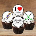 PRECUT Hockey Cupcake Toppers, Sports Theme Edible Cake Decorations, Hockey Party Decorations, Field Sports Edible Cupcake Toppers, 3cm / 1.18 Inch Wafer Card Discs (24)