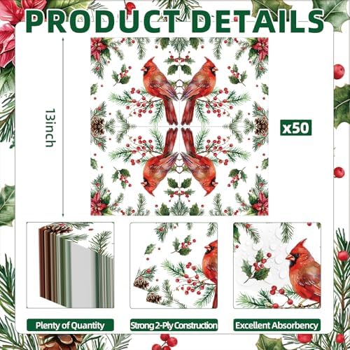 50 Count Christmas Paper Napkins, Disposable Holiday Cocktail Napkins with Cardinal, Holly, and Pine Design for Winter Parties, Xmas Dinner, Rustic Wedding, New Year, and Festive Table Decorations