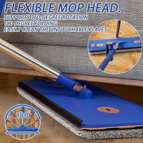 16.5" Self Wringing Flat Mop and Bucket Set, 55" Long Handle Microfiber Mop for Floor and Wall Cleaning, Hands-Free Wet & Dry Mop with Squeegee, 5 Replacement Pads & Collapsible Bucket