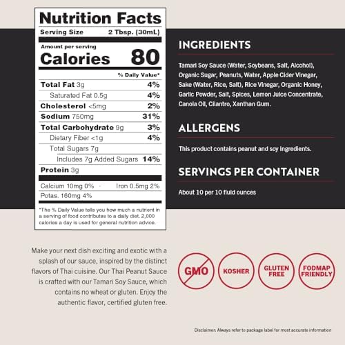 San-J - Gluten Free Thai Peanut Sauce -Traditional and Tasty Cooking Sauce - Non-GMO - 10 oz. Bottles - 2 Pack