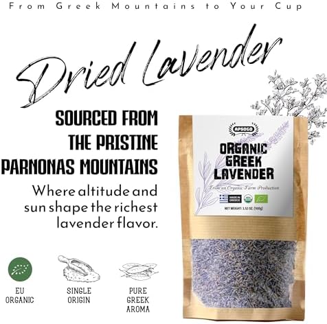 Apsogo Organic Greek Lavender Flowers - Dried Culinary Lavender Buds for Tea, Baking & Sachets - Organic Lavender Tea, Strong Aroma, Relaxation & DIY Use - Resealable Pouch 1.76 oz