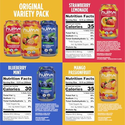 Humm Probiotic Kombucha The Original Variety 12 Pack, Organic, 2 Billion Probiotics for Gut Health, Mango Passionfruit, Blueberry Mint and Strawberry Lemonade