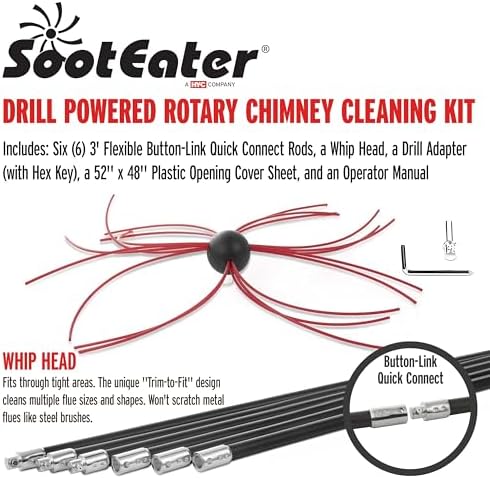 SootEater Rotary Chimney Cleaning System - Gardus RCH205-B Chimney Sweep Kit, Cleans Open Chimneys up to 18' with 6 Flexible 3' Rods, Chimney Cleaning Kit with Trim-to-Fit Spinning Chimney Whip
