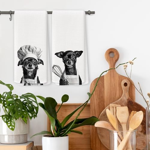 Funny Chef Chihuahua Kitchen Towels Set of 2, Chihuahua Gifts for Women Dish Tea Towels for Kitchen, Dog Mom Dad Lovers Owner Gifts Decorative Hand Towel, 16x24 Inch